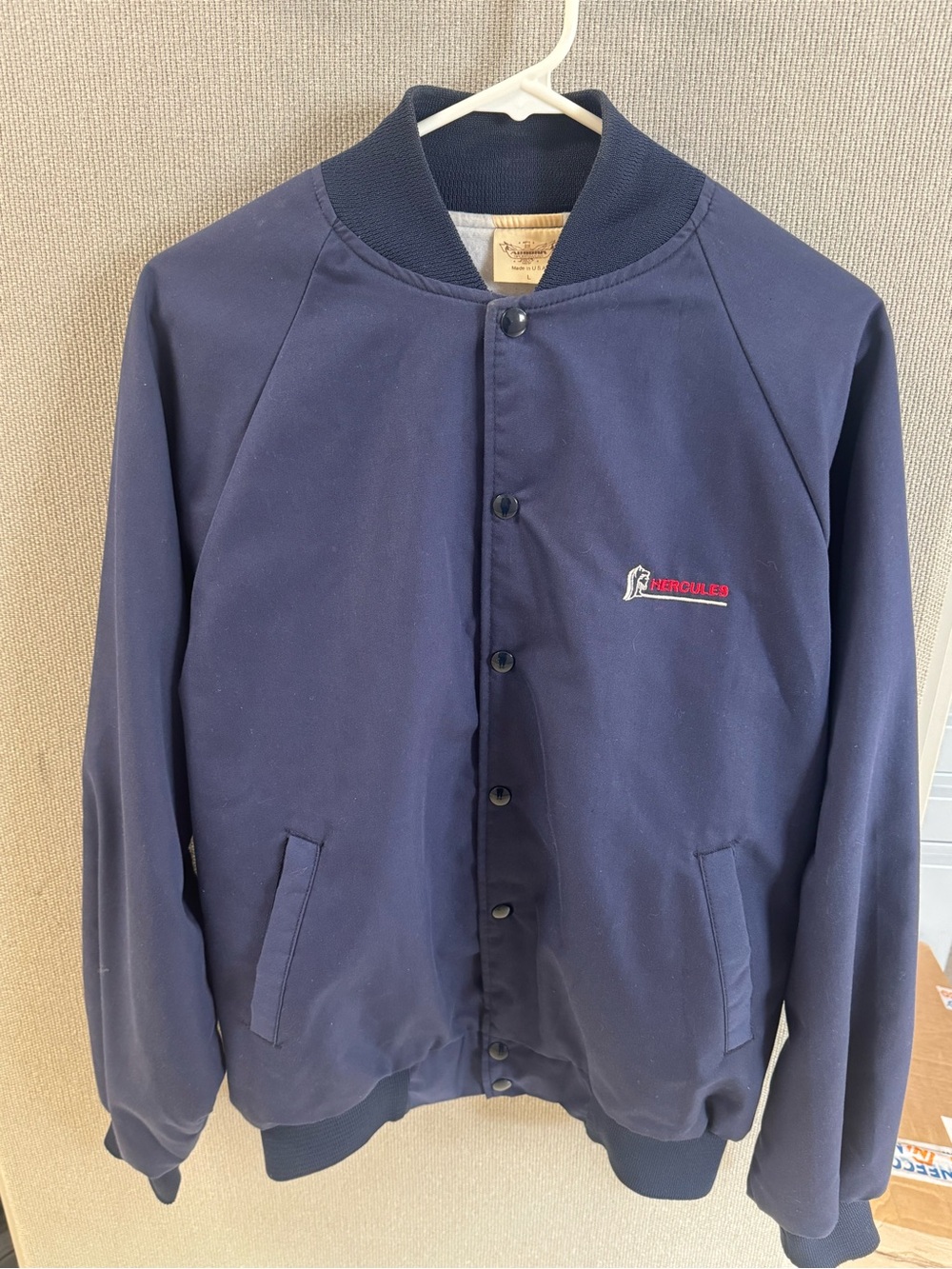 Vintage Auburn Sportswear Hercules Navy Snap Front Bomber Jacket USA Made L
